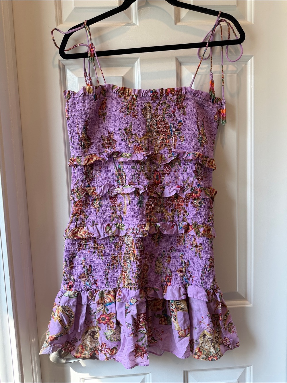 FARM Rio Lavender Floral Smocked Mini Dress Beaded Tie Straps Ruffle Boho purple - Picture 8 of 8